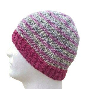 Handmade Wool Women's Beanie Hat Skully Thin Knit Faux Fair Isle Pink Hiking
